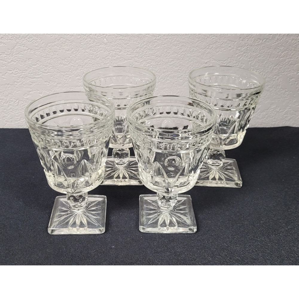 Vtg MCM Indiana Glass Colony Park Lane Clear Water Goblets Square Base Set of 4